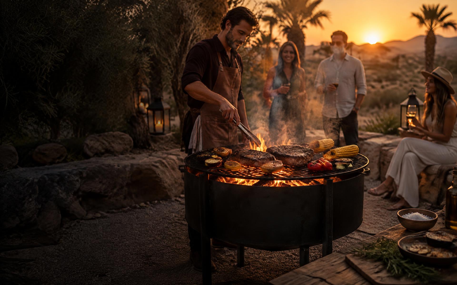 Friends gathering around a flaming braai drum at sunset